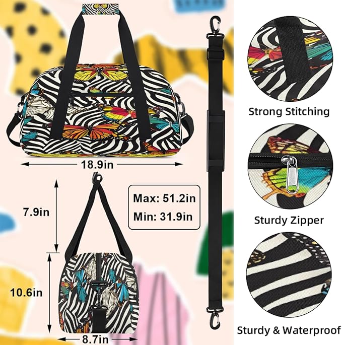 Travel Duffle Bag for travel duffle bag sports Girls Boys Kids Butterfly Zebra Lightweight Overnight Sleepover Weekender Bags Small Dance Gym Sport Bag Teens Carry-On Size Workout Bag