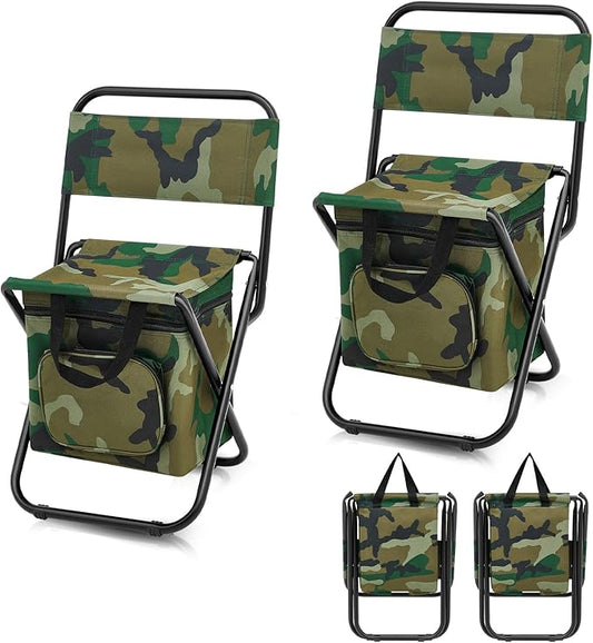 Jerify 2 Pcs Fishing Chair with Cooler Bag Multi-Function Foldable Compact Fishing Stool Hunting Chair Portable Backrest Stool with Folding Backpack for Finishing Camping Hunting Travel(Camo Color)