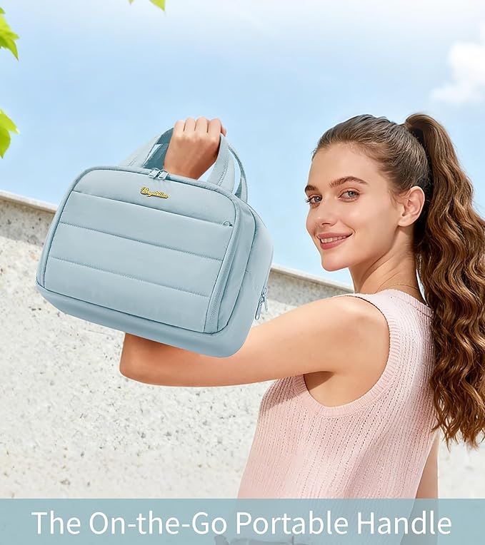 Travel Toiletry Bag for Women, Lightweight Large Quilted Puffy Makeup Bag Wide-open Make up Organizer Cloud Cosmetic Bag w/Handle for Traveling Toiletries Essentials Accessories Light Blue