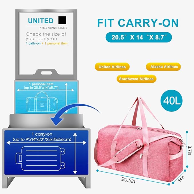 Carry on luaggage 22x14x9 Airlines Approved, Foldable Travel Duffel Bags Weekender Overnight Carry on Duffel Luggage Gym Duffle Bag with Wet Pocket & Shoe Compartment for Women Men(Pink, 40L)