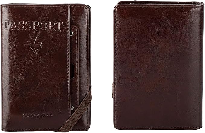 Genuine Leather Passport Holder Cover - RFID Blocking Travel Wallet & Passport Case with Pen Holder, Dual SIM Card Slots & Boarding Pass Pocket for Men & Women,Family Travel Essentials, Retro Style