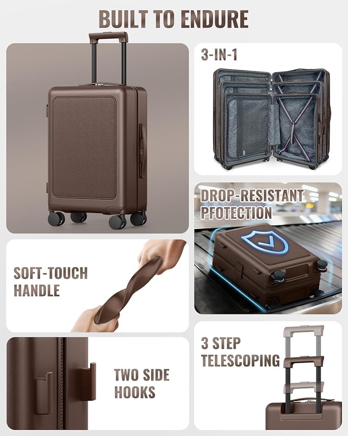 Joyway Luggage Sets 4 Piece with Spinner Wheels, Carry On Luggage 20In with ABS+PC Hardshell, Lightweight Suitcase Set with Travel Backpack and Pressure-resistant Frame, 20/24/28 Inch, Coffee