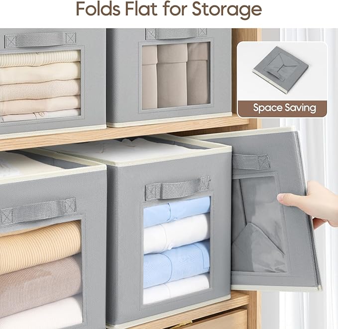 Foldable Storage Cubes - Cubby Storage Organizer with Window, Decorative Baskets for Organizing, Fabric Bins for Clothes Storage, Closet Storage Cubes 11inch, Set of 12, Grey