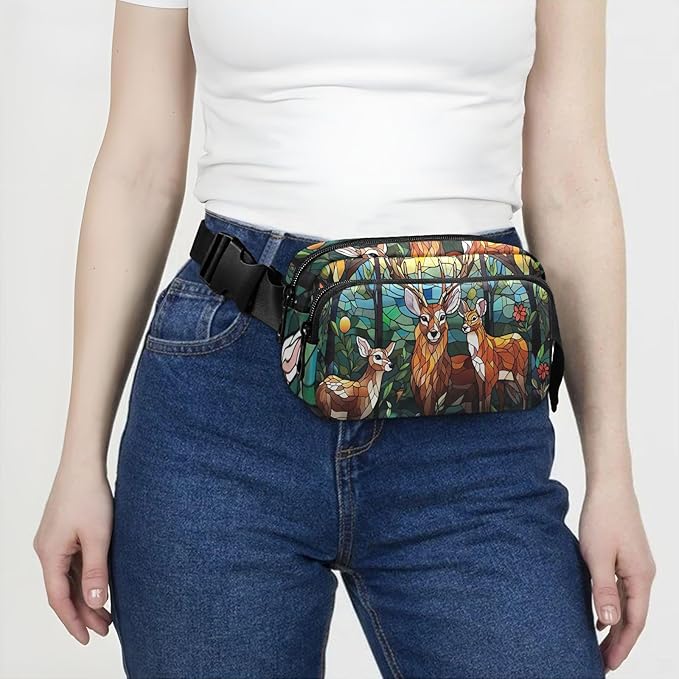 Stained Glass Printed Forest Dear Fanny Pack for Women Men Water Resistant Fashion Waist Packs with Adjustable Strap Belt Bag for Travel Workout Jogging Hiking 21219626