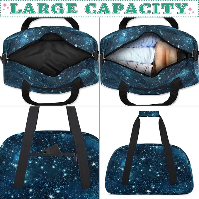 Magical Starry Night Gym Travel Duffle Bag for Women & Men with Front Zipper Pocket for Sports, Overnight, Weekender, Carry On,Workout & Dance Bag,Galaxy Stars,18.9 * 8.7 * 10.6 in