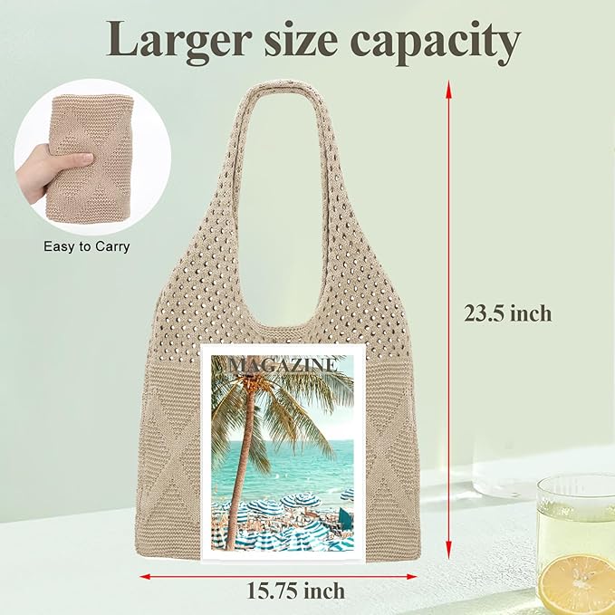 SUOSDEY Crochet Mesh Beach Tote Bag, Knit Summer Vacation Aesthetic Boho Tote Bag for Women