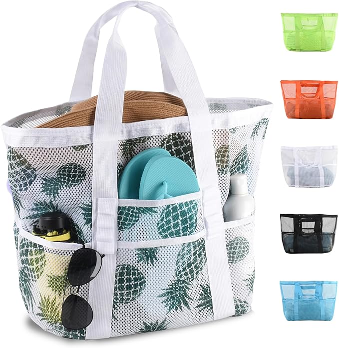 Mesh Beach Bag,Large Beach Bags for Women with 8 Pockets,Packable Tote Bag for Beach Cruise Pool Vacation Essentials