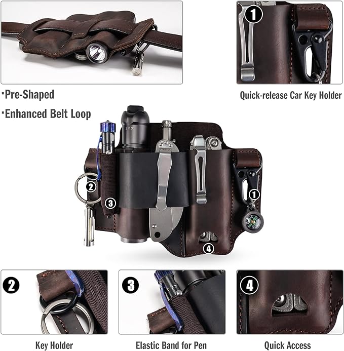 ST1 Leather Multitool Sheath - EDC Belt Organizer for Leatherman Tools, Flashlight, Pen, and Keychain Clip, Durable and Stylish, Great for Work and Daily Use, Ideal Gift for Men