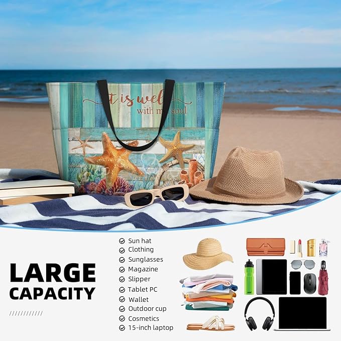 Beach Bag Tote Bags Waterproof Sandproof for Women Large Beach Tote Bag Foldable with Pockets for Weekend Vacation
