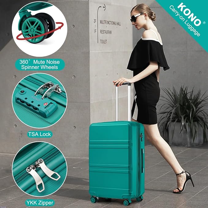 Kono 24 Inch Luggage Suitcase with Spinner Wheels TSA Lock Lightweight PC+ABS Hardside Medium Checked Luggage Durable Rolling Suitcase Turquoise