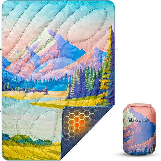 Gonex Camping Blanket with Aero-Warmth Tech Layer, Puffy Printed Packable Blanket Ultralight & Warm Wearable Water-Resistant Quilt for Outdoor, Camping, Hiking, Travel, Picnics 79" X 55" (Landscape)