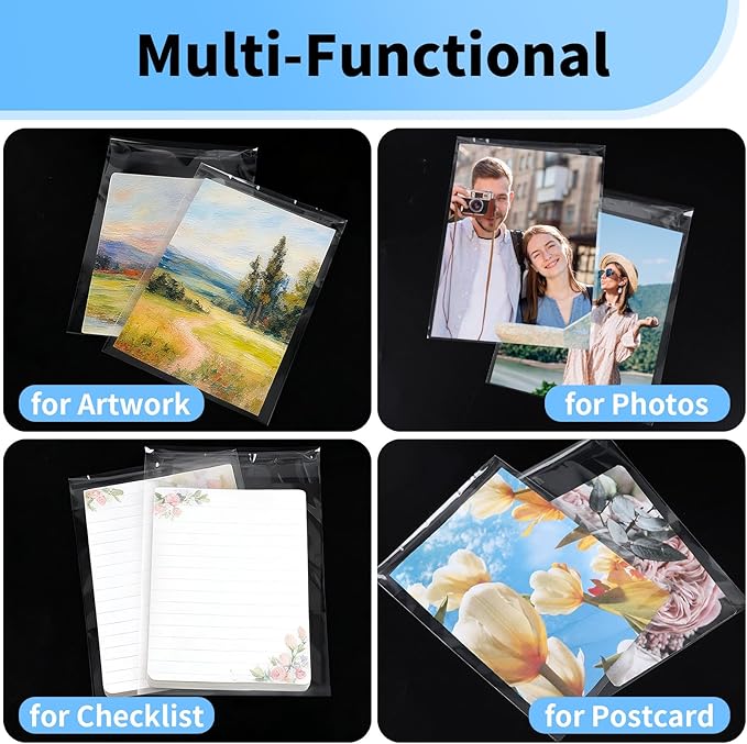 100 Pack 5x7 Photo Sleeves - Acid Free 1.57 mil (Single Side) Thick Heavy Duty 5x7 Cellophane Bags Self Adhesive Crystal Clear Plastic Sleeves for Photo Paper Cardstock