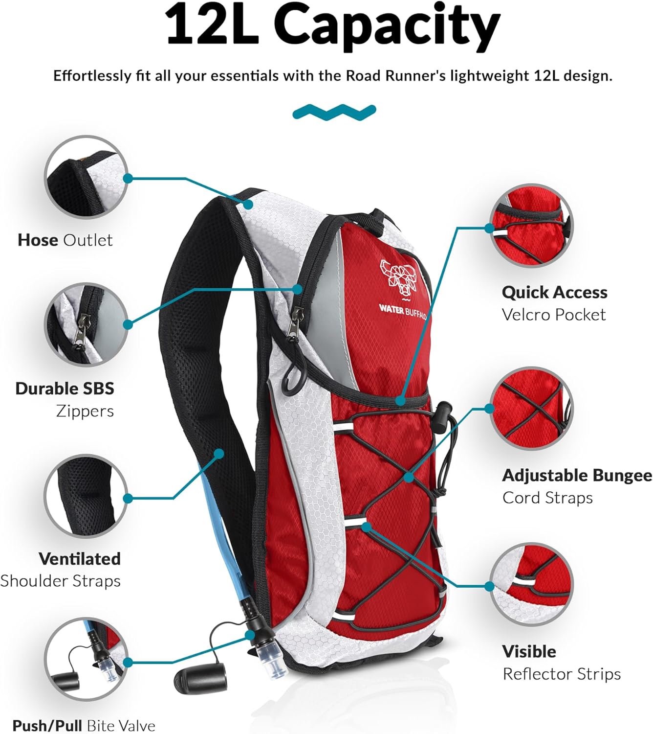 Water Buffalo Hydration Backpack - Lightweight Hydration Pack with 2L Water Bladder - Water Backpack for Hiking, Running, Biking, and Raves - Road Runner 12L Hydropack Backpack