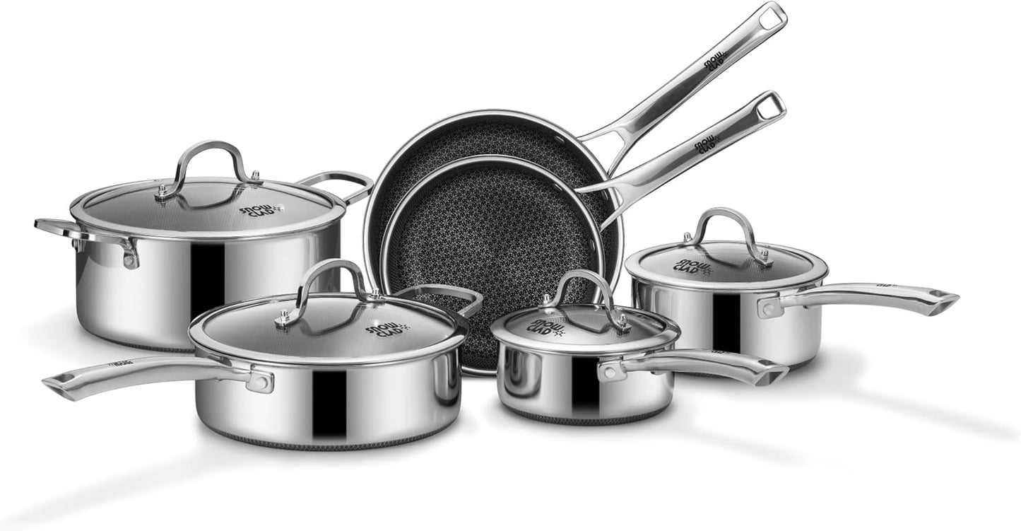 Pots and Pans Set Non Stick, 10 Pcs Hybrid Stainless Steel Cookware Sets, Non Stick Frying Pans, Saucepans, Saute Pan & Stock Pot, PFOA Free Kitchen Skillet,Induction Compatible