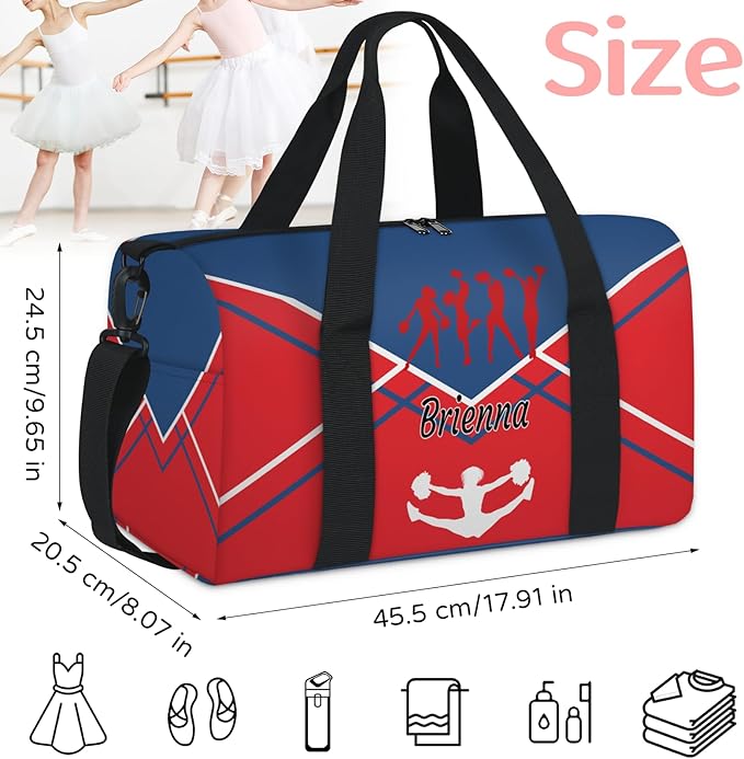 Custom Gym Dance Bag Cheerleading, Personalized Sports Bag for Teens Waterproof Weekender Carry Practice Travel Tote, Steel Blue with Red Cheer Team