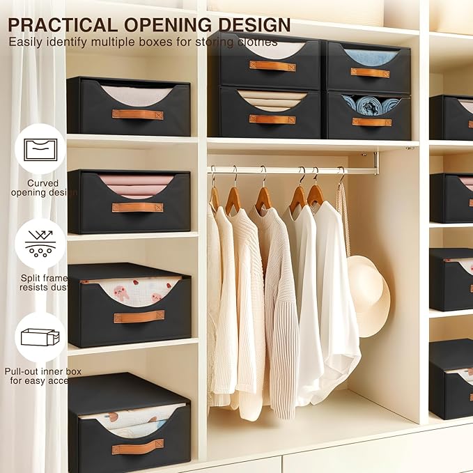 Large Stackable Storage Bins - Fabric Pull-out Closet Shelf Organizer, Linen Closet Organizers and Storage, Decorative Storage Boxes for Bedroom, Office, Dorm, 3 Pack, Black