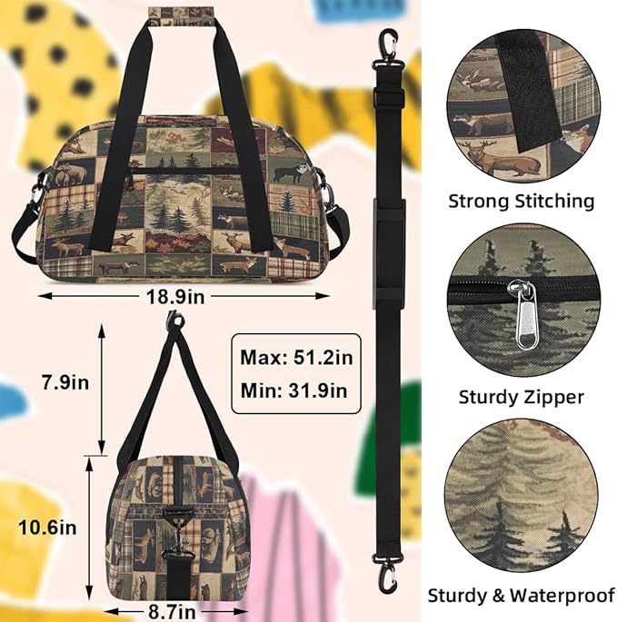 Kids Duffle Bag Girls Boys Rustic Hunting Animal Bear Deer Patchwork Weekender Overnight Bag,Lightweight Duffel Bags for Traveling Gym Sport Dance