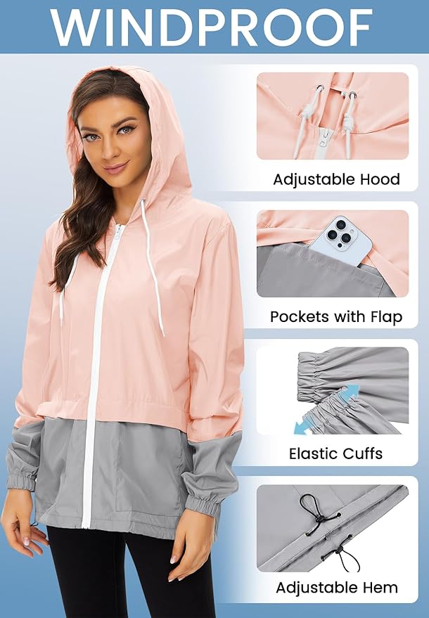Zando Lightweight Rain Jacket Women Waterproof - Raincoat for Women Packable Rain coat Hooded Windbreaker for Travel Outdoor