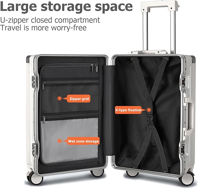 feilario Aluminium Frame PC Hard Shell Spinner Wheels Luggage,22.5"X15"X9.5" Airline Approved Built-In TSA lock Carry on Suitcase, with Cup Holder, USB Port, Phone Holder