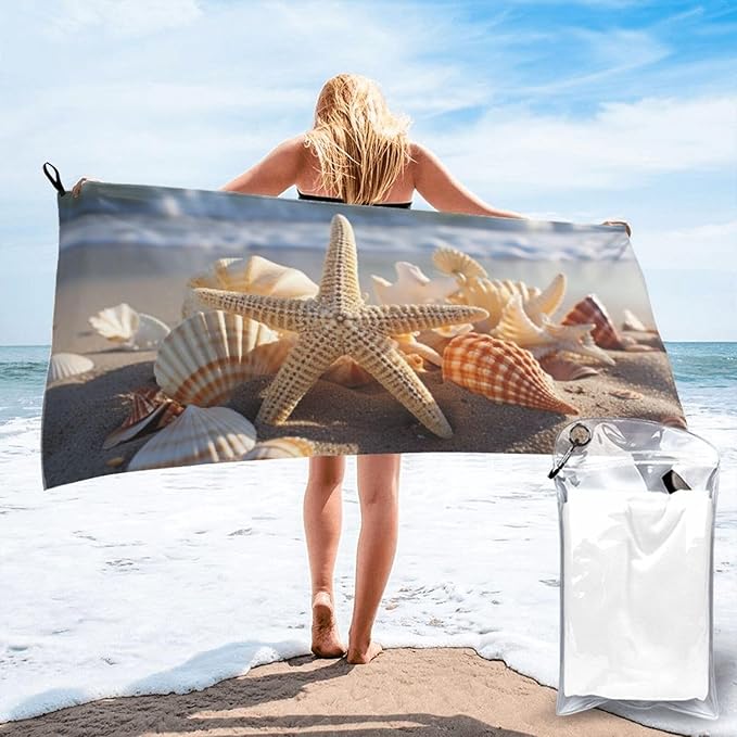Beach Towel Sand Free Quick Dry Towel Microfiber Oversized Seashells Starfish On Beach Travel Towel 27.5"X55" Absorbent Bath Towel Compact Towel Blanket for Women Men Camping Swim Sports