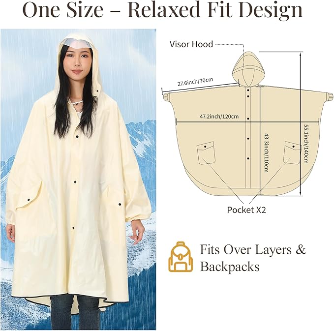 Ultra-Wide Rain Poncho for Adults, Waterproof EVA Cape with Sleeves, Reusable Lightweight