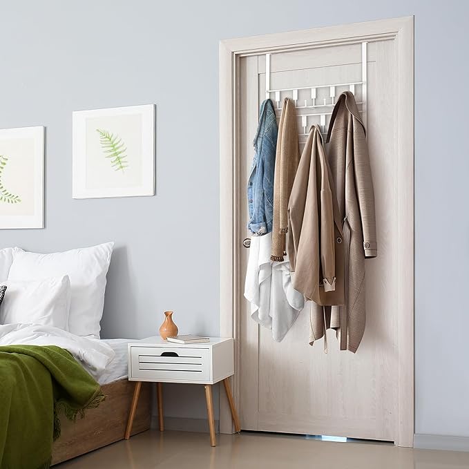 Over The Door Hooks for Hanging, 14 Hooks Over Door Coat Hanger, Coat Clothing Rack and Towel Rack for Bathroom Organizer, Door Hanger Organizer Kitchen, Bathroom Towel Storage Decor White