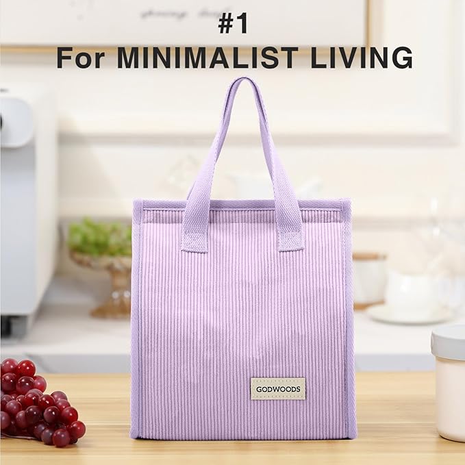 TELLUMO Corduroy Lunch Bag for Women Men Cute Lunch Bag Insulated Lunch Box with Large Capacity (7.5L) Reusable Lunchbag for Work, Picnic, Beach or Travel (S- Corduroy Purple)
