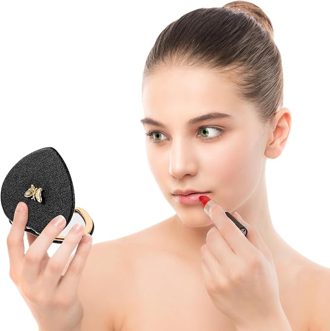 Heart Shaped Double-Sided 1X/2X Magnifying Mirror, Compact Folding PU Leather Makeup Mirror, Ultra-Portable for Women Home Office Travel