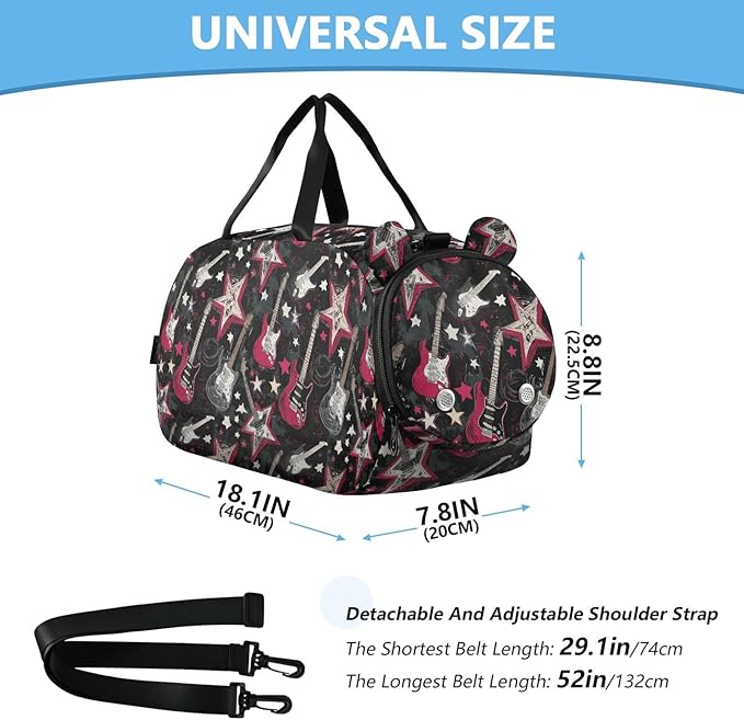 Punk Style Rock Guitar Star Balck Red Boy's Gym Duffel Bag with Shoes Compartment Multifunctional Kids Overnighter Duffel Bags for Travel, Swimming, Dance, Ballet bolsa para hombre
