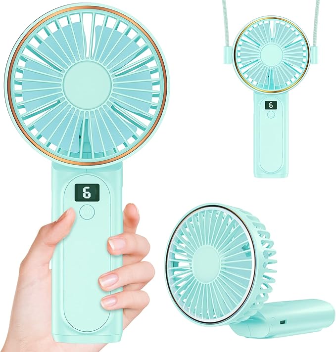 Portable Fan, 4000mAh USB Rechargeable, 180° Foldable Mini Desk Fan with 6 Wind Speed, LCD Digital Display, Lanyard as Neck Fan, Ultra Quiet