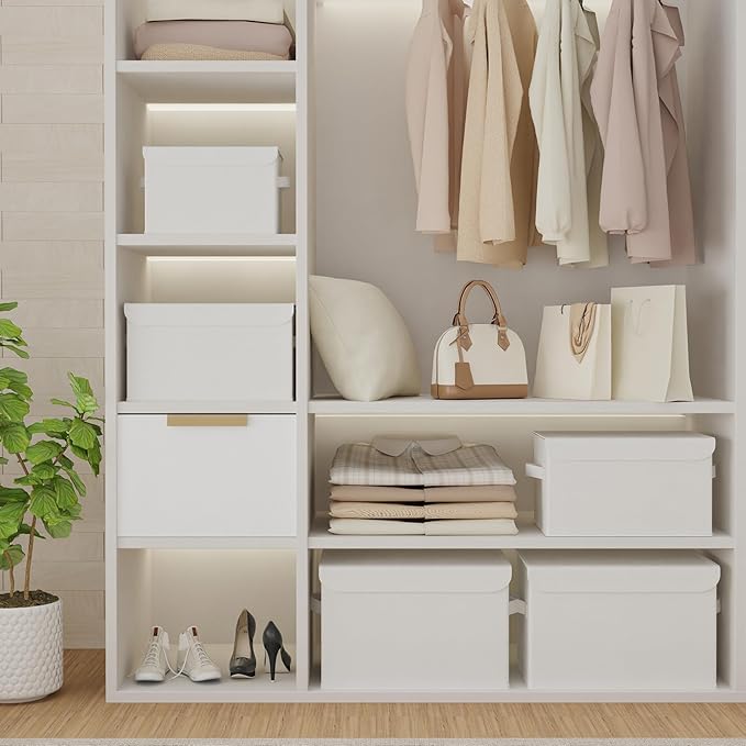 Storage Bins with Lids for Organizing, Closet Boxes with 2 Carrying Handles and Sturdy Heavy Cardboard, Home Organizers Cubes, 2 Pack, White, 15 x 9.8 x 9.8 In, XSNY12WL-2