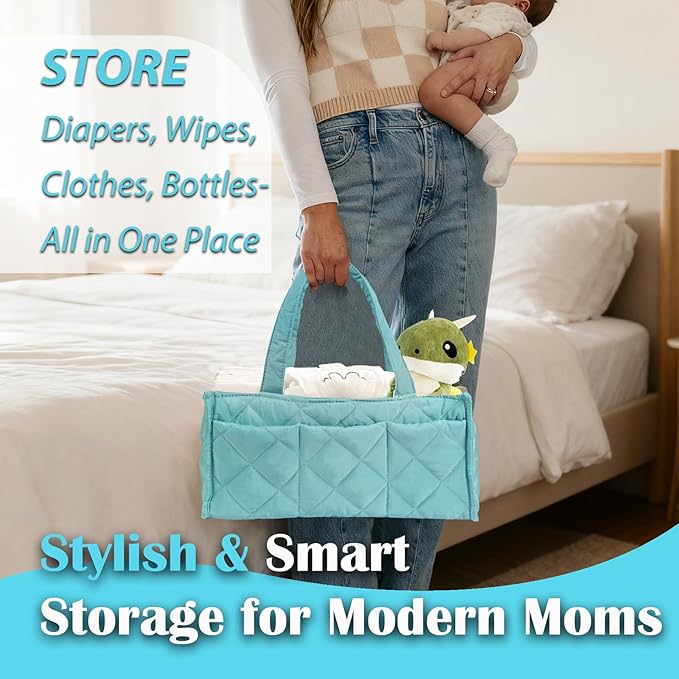 Baby Diaper Caddy Organizer, Nursery Storage Basket for Newborn Essentials, Travel Baby Basket for Diapers Baby Wipes, Organizer Tote Bag Storage Bin, Baby Shower Gifts (Mint Green)