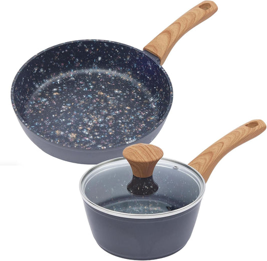 Nonstick Cookware Set, 2-Piece Non-Toxic Coated 10.25 Inch Frying Pan & Saucepan with Lid, PFOA Free Dishwasher Safe, Induction Compatible, Beginner Kitchen Pots and Pans Set, Black