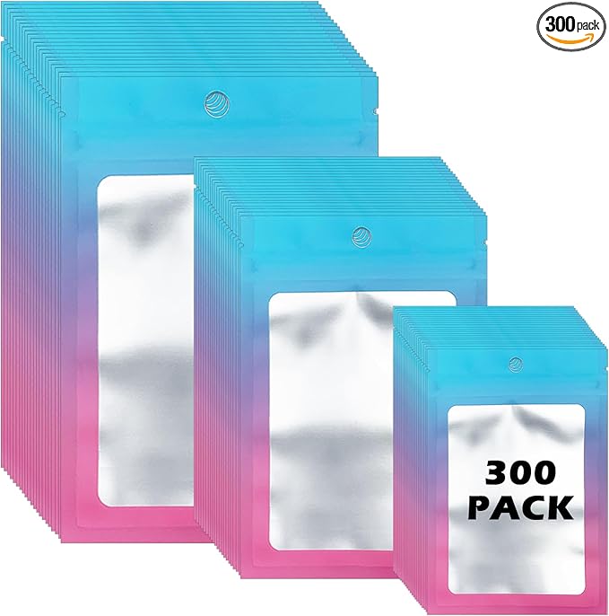 300 Pcs Gradient Mylar Bags, 3 Size Smell Proof Bags with Clear Window Foil Pouch Bags Resealable Bags for Small Business and Food Storage, Blue Pink