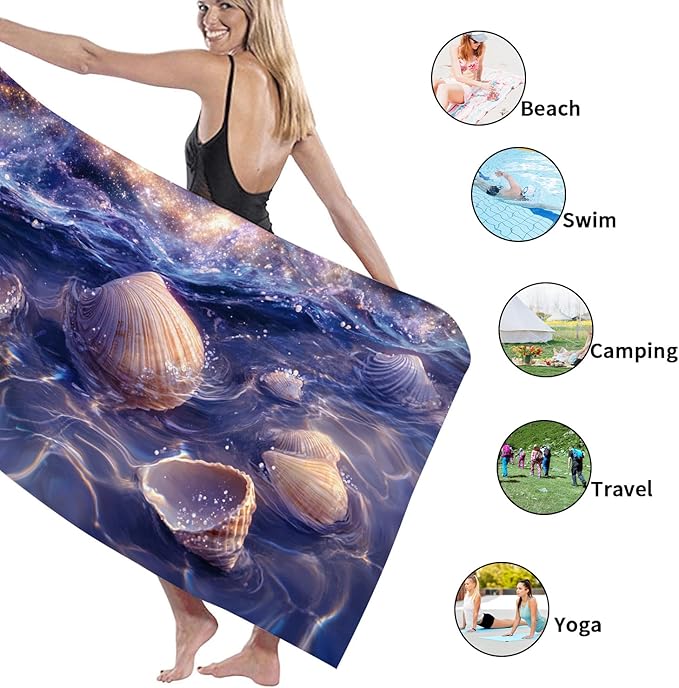 Galactic Shells Microfiber Beach Towel Violet Ocean Shell Design, Quick Dry Absorbent Soft Sand Free Lightweight Travel Blanket, Beach Pool Vacation Essentials 62x31 Inch