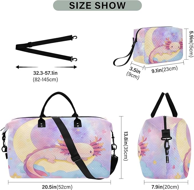 Travel Duffle Bag, Moon Axolotl Gym Bag with Storage Bag Weekender Overnight Bag for Men Women Trip Sports Yoga