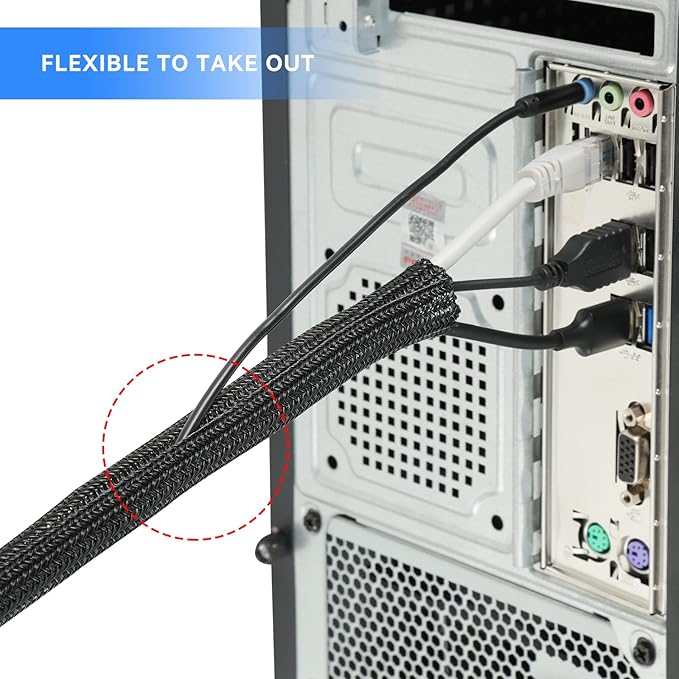 AGPTEK Cable Sleeve Cover, 25ft - 4/5 inch Desk Cord Organizer Cable Hider, Home Office Wire Management Computer TV Wire Loom Tubing, Pet Proof Cord Protector, from Cat Dog Chewing, Black