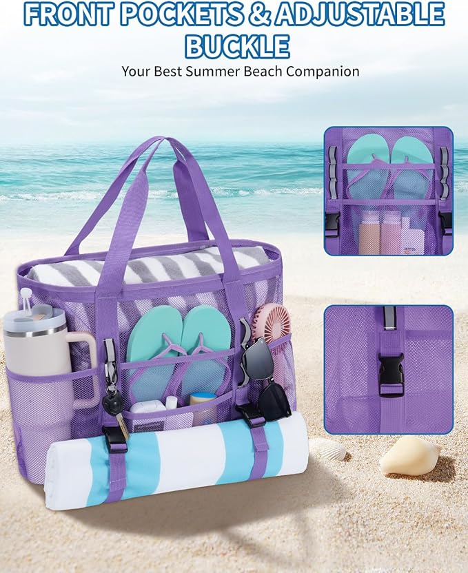 WANDF Mesh Beach Bag for Women, Large Beach Tote Bags with 40oz Tumbler Side Pockets, Family Pool Bag for Swim Toys Towels Cruise Vacation Essentials (Purple) | Breathable