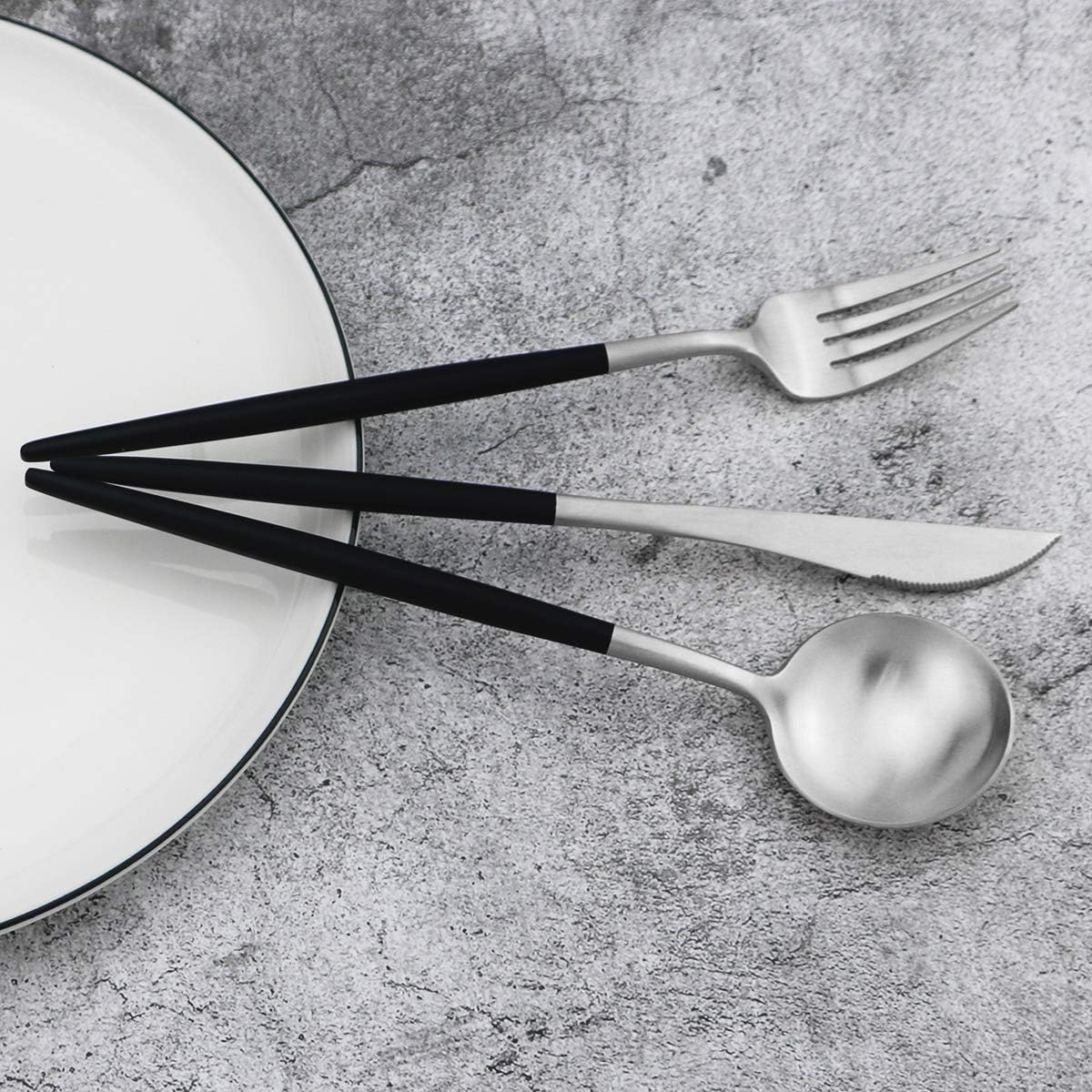 Gugrida 20-Piece 18/10 Stainless Steel Flatware Silverware, Luxury Dinnerware Set Travel Cutlery Tableware Include Knife Fork Spoon Service for 4, Dishwasher Safe (Black Handle Matte Silver)