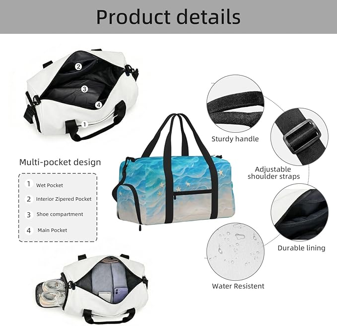 Beach Sand Starfish Women'S Gym Duffle Bag With Shoes Compartment, Ideal For Travel, Gym, Sports, Duffel, Weekender