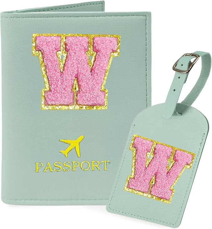 COSHAYSOO Initial Passport Cover Luggage Tag Set Letter Passport Holder Airplane Cruise Travel Essentials Vacation Traveling Accessories Personalized Gifts for Women Teen College Girls Teal W