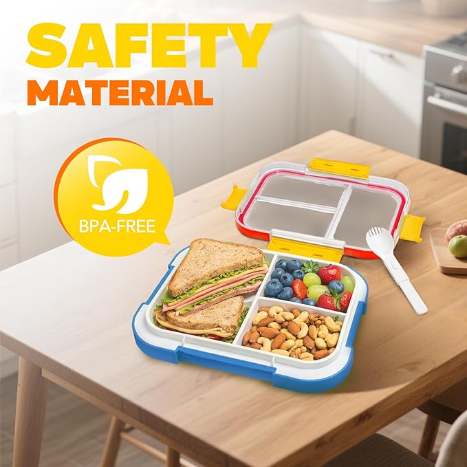 EASYFUN Bento Box Adult, Lunch Box, 4-Compartment Lunch Containers, Drop-Proof, Dishwasher Safe & Made with BPA-Free Materials (Red blue)