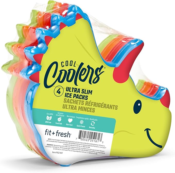 Cool Coolers by Fit & Fresh Kids Lunch Box Ice Packs, Slim Shaped Freezer Pack for Lunch Bags and Coolers 4 Pack Dinosaur Multicolor Dinosaur