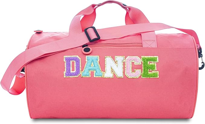 Large Size Dance Ballet Bag for Girls Toddler Teens,Dancing/Gymnastic/Cheer Kids Bag with Chenille Letters,Lightweight Spacious Toddler Duffle Sport Gym Overnight,16.5"Lx9"Wx9"H（Pink)