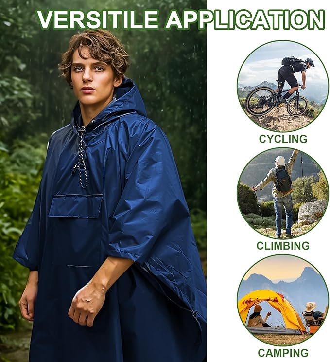 Hooded Rain Poncho for Adults - Waterproof Rain Coat and Lightweight Jacket 3-in-1 Multi-Function with Pockets