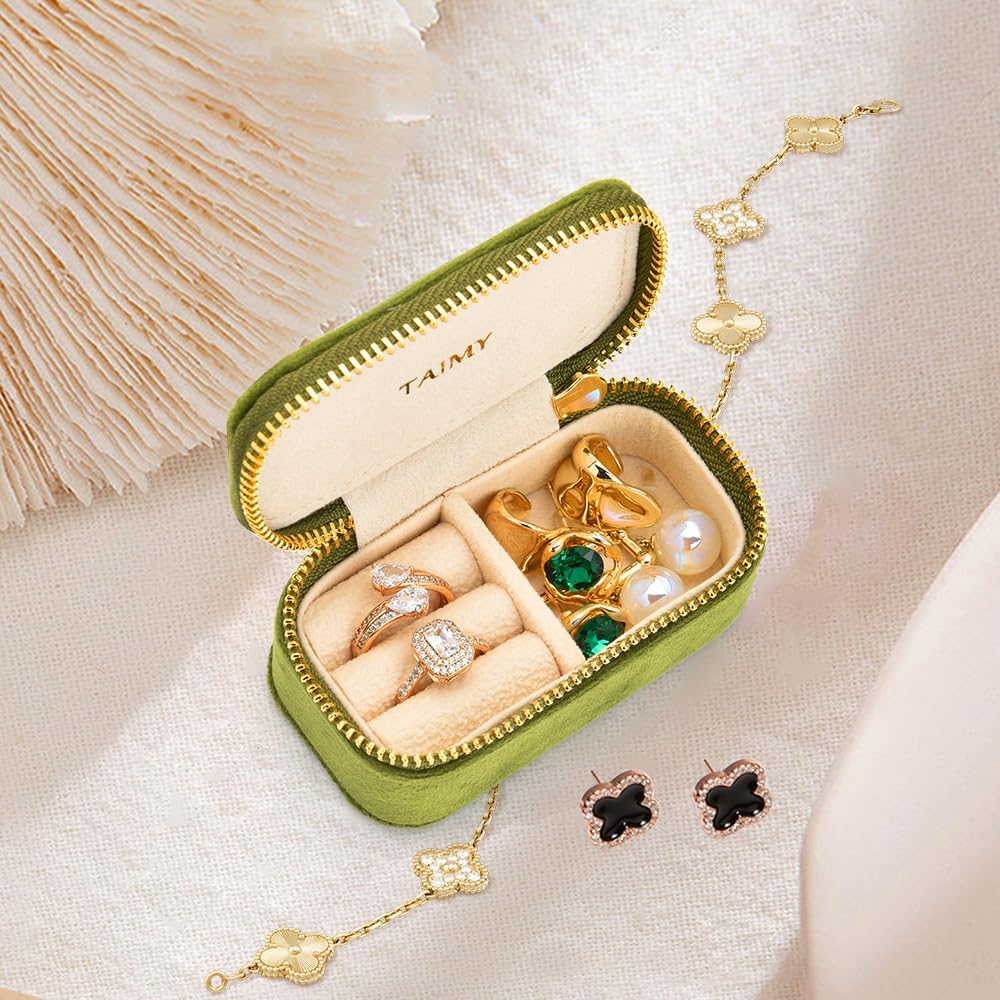 Small Travel Jewelry Case, Mini Tiny Plush Velvet Jewelry Box for Women and Girls, Pocket Size Jewelry holder organizer for Rings Earrings and Small Items(Lime Green)