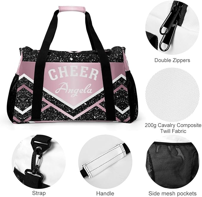 Personalized Name Sports Player Duffel Bags Pink Cheerleading Black Sparkle Print Travel Perform Training Casual Bag for Man Women Multifunctional Bags