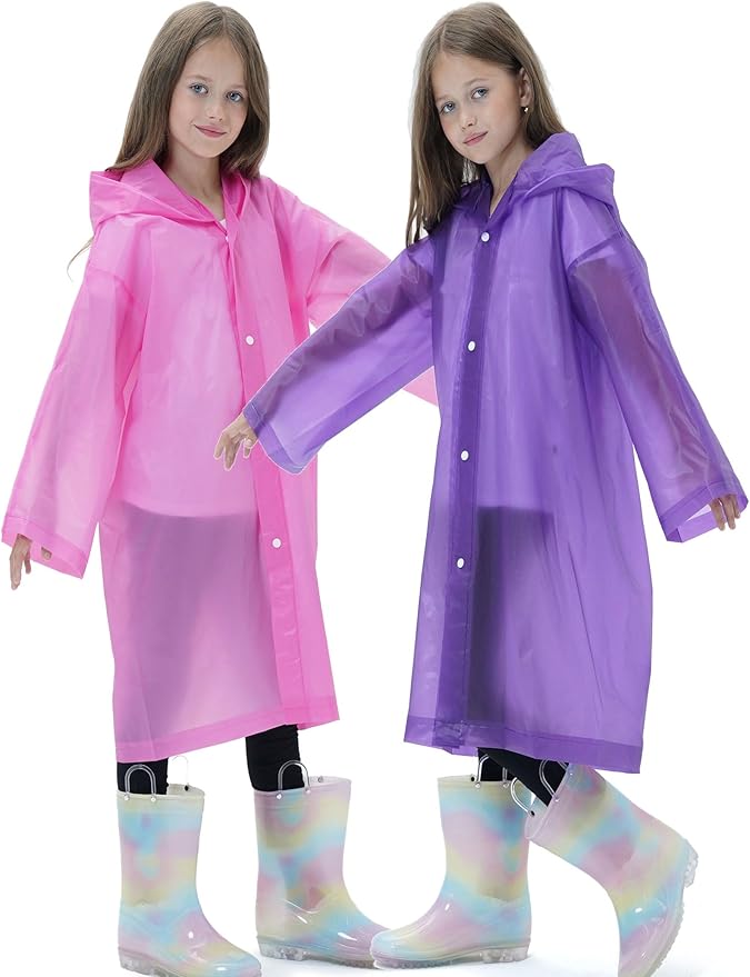 2 Pack Raincoats for Kids, Reusable Rain Ponchos with Hood and Sleeves Rain Coats for Boys and Girls