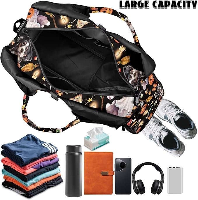 Halloween Ghost Pumkin Gym Bag for Women with Shoe Compartment and Yoga Mat Holder Lightweight Duffel Bag for Sports Overnight Weekender Travel Carry On Bags Spooky Halloween Decor