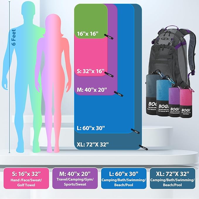 BOGI Microfiber Travel Sports Towel-Quick Dry Towel, Soft Lightweight Microfiber Camping Towel Absorbent Compact Travel Towel for Camping Gym Beach Yoga Swimming Backpacking (S:16''x32'',2Pcs-Nblue)